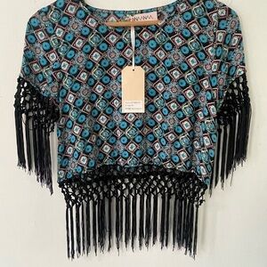 VVNVVN Vivian Chan Womens Size S Boho Festival Macrame Black Blue Cropped Top